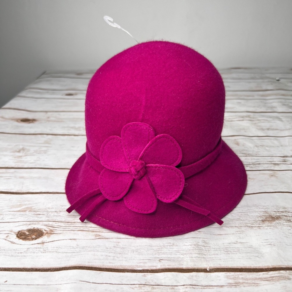 Wool Cloche Hat Magenta Pink Flower Accent One Size